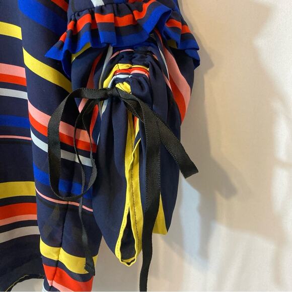 Halogen Rainbow Striped Lightweight Dark Blue 3/4 Tie Sleeves V-Neck Blouse Top - Picture 2 of 7